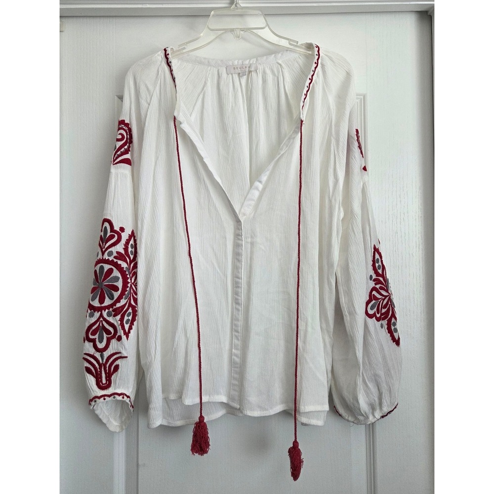 Beulah Style White Embroidered Peasant Blouse Long Sleeve Tie Tassle Sz M Boho‎